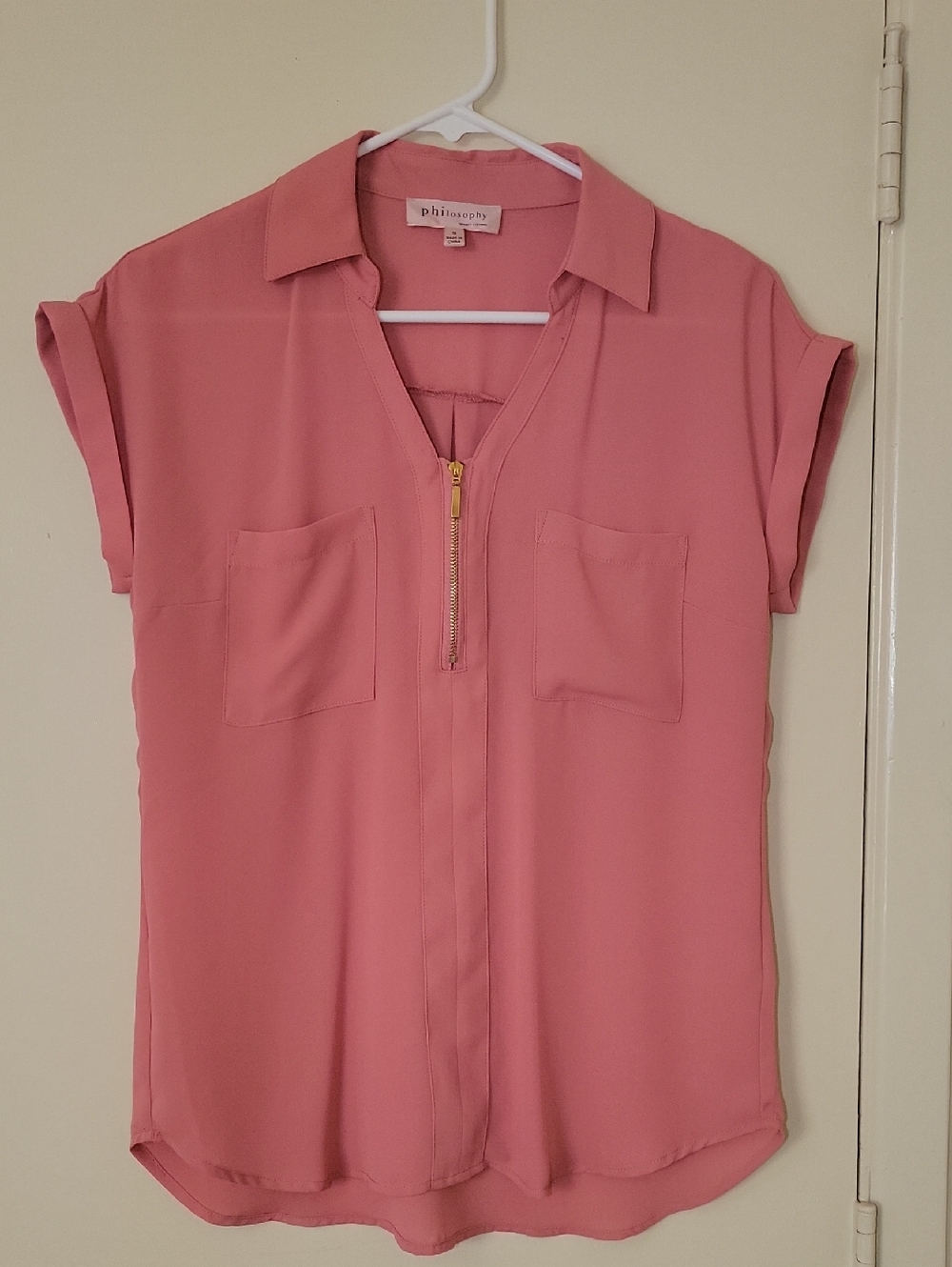 philosophy Salmon Short-Sleeve Zip Front Blouse